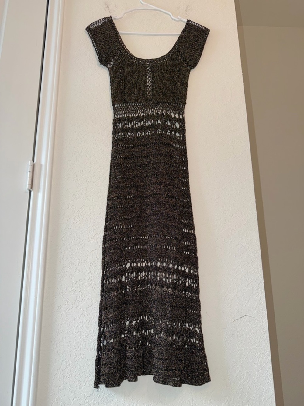 Cache Vintage Crochet Midi Dress Womens XS Black Gold Metallic Boho Coverup Sexy